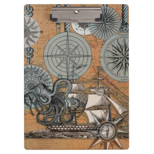 Compass Rose Vintage Nautical Octopus Ship Clipboard