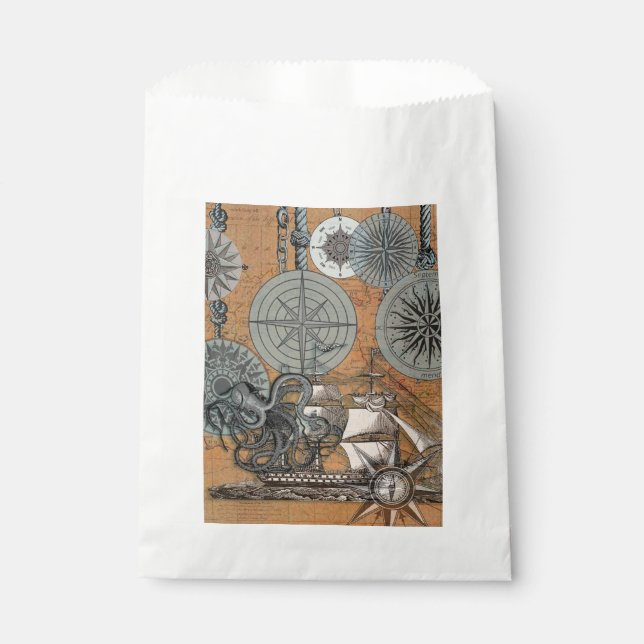 Compass Rose Vintage Nautical Octopus Ship Favour Bag (Front)