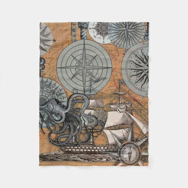 Compass Rose Vintage Nautical Octopus Ship Fleece Blanket (Front)