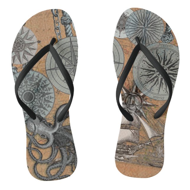 Compass Rose Vintage Nautical Octopus Ship Flip Flops (Footbed)