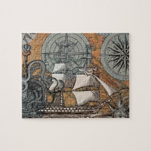 Compass Rose Vintage Nautical Octopus Ship Jigsaw Puzzle (Horizontal)