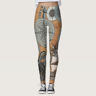 Compass Rose Vintage Nautical Octopus Ship Leggings