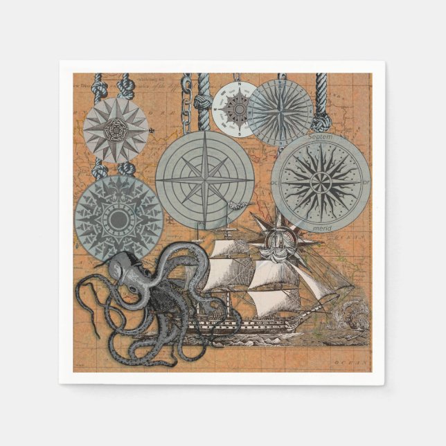 Compass Rose Vintage Nautical Octopus Ship Napkin (Front)