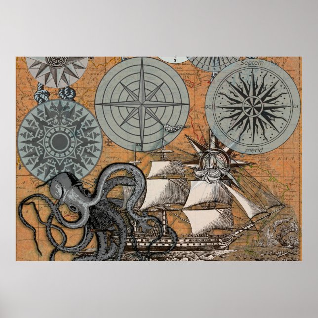 Compass Rose Vintage Nautical Octopus Ship Poster (Front)