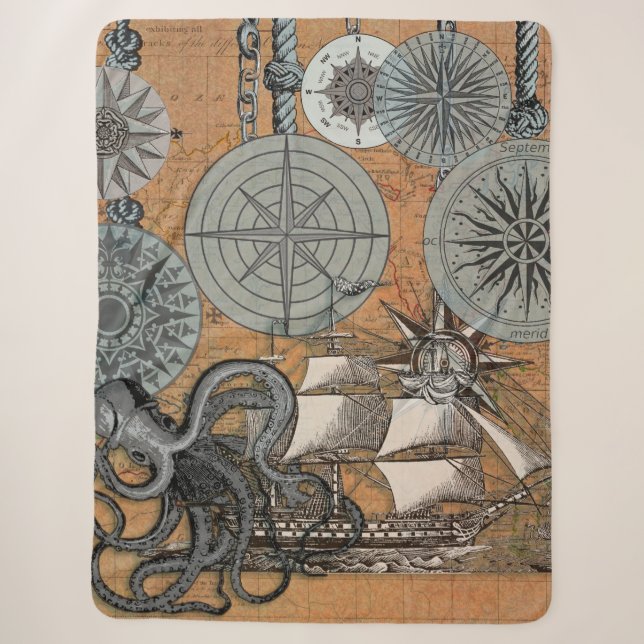 Compass Rose Vintage Nautical Octopus Ship Sherpa Blanket (Front)