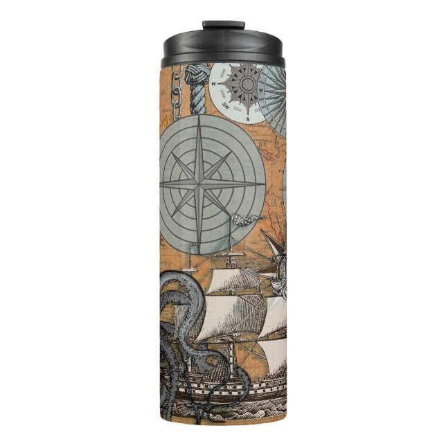 Compass Rose Vintage Nautical Octopus Ship Thermal Tumbler (Front)