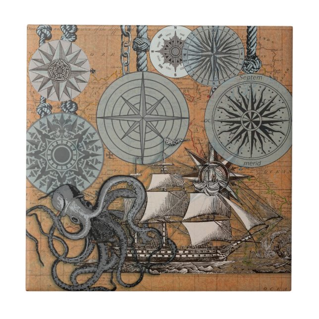 Compass Rose Vintage Nautical Octopus Ship Tile (Front)