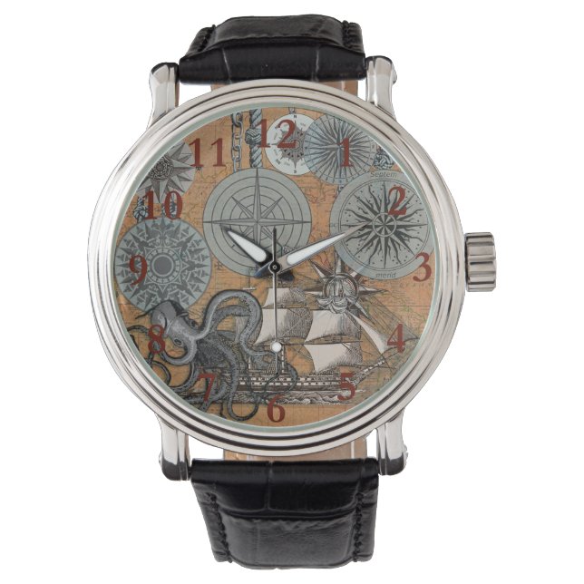 Compass Rose Vintage Nautical Octopus Ship Watch (Front)
