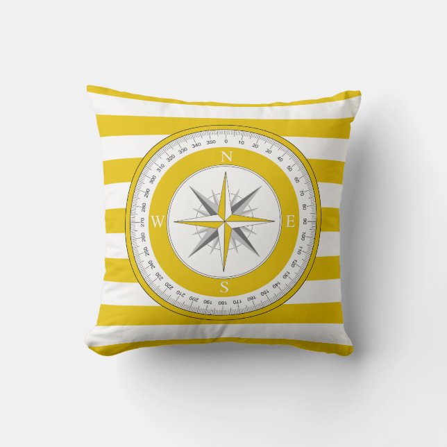 Compass Rose Yellow and White Stripes Throw Pillow (Front)