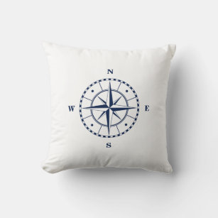 Compass Star Blue and White Nautical Throw Pillow