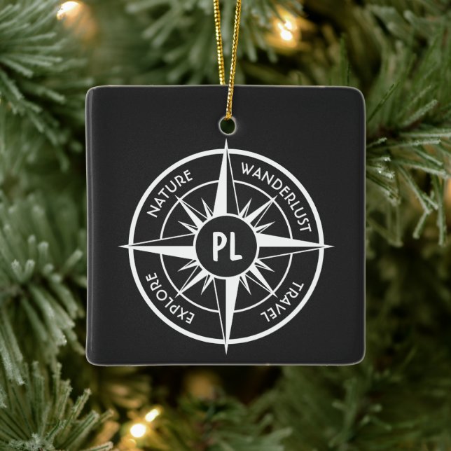 Compass star emblem monogram black and white ceramic ornament (Tree)