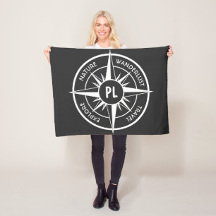 Compass star emblem monogram black and white fleece blanket