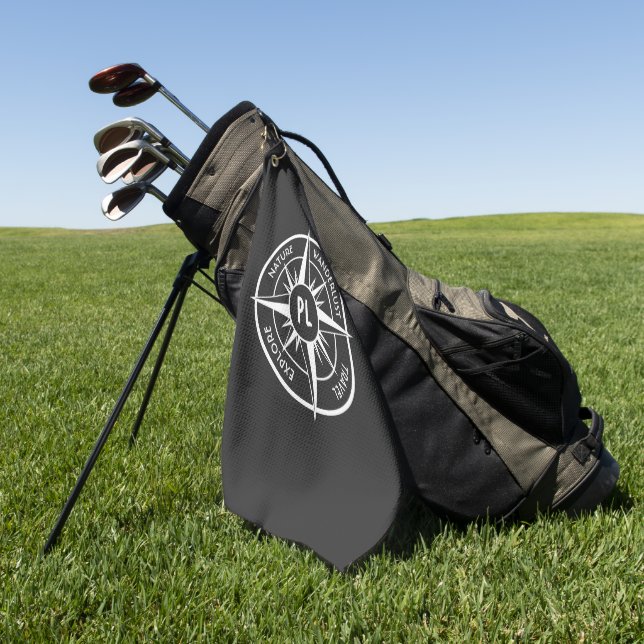 Compass star emblem monogram black and white  golf towel (Green)