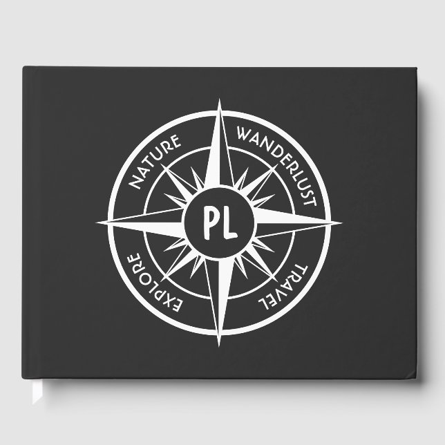 Compass star emblem monogram black and white  guest book (Front)