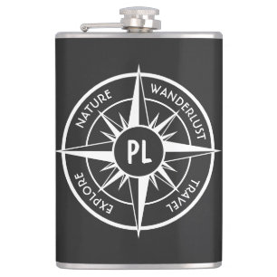 Compass star emblem monogram black and white hip flask