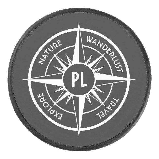 Compass star emblem monogram black and white hockey puck (Front)
