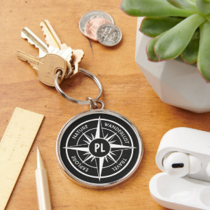 Compass star emblem monogram black and white keychain