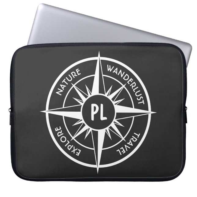 Compass star emblem monogram black and white laptop sleeve (Front)