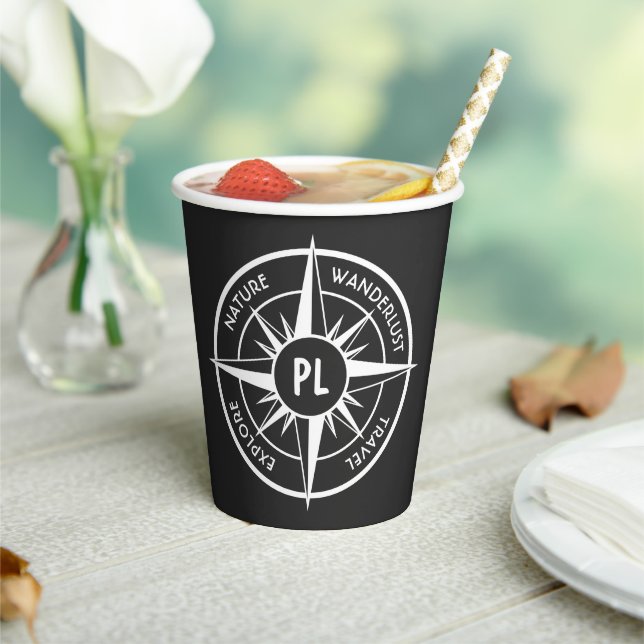 Compass star emblem monogram black and white  paper cups (Insitu)