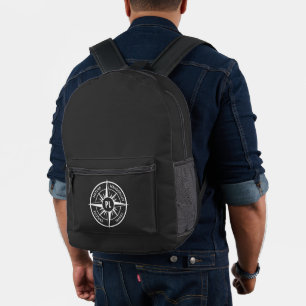 Compass star emblem monogram black and white printed backpack