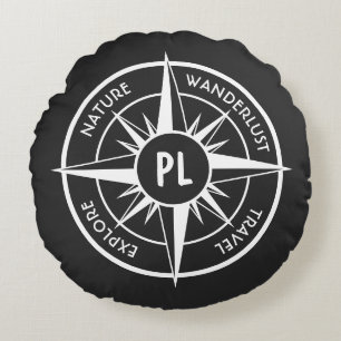 Compass star emblem monogram black and white round pillow