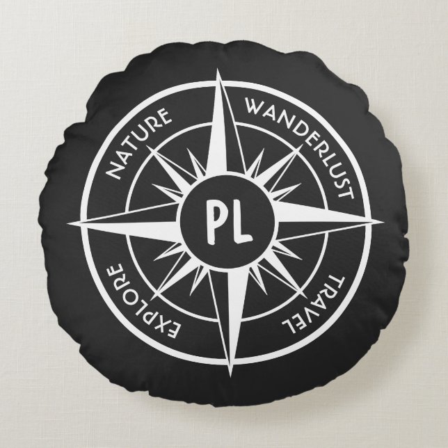 Compass star emblem monogram black and white round pillow (Front)