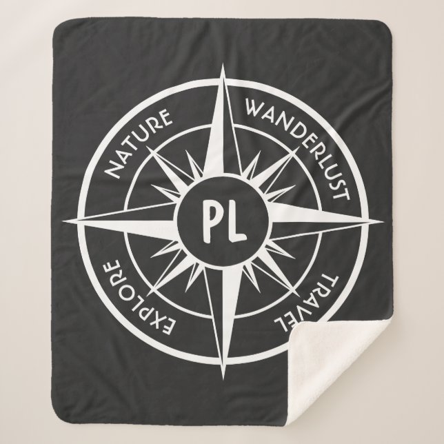 Compass star emblem monogram black and white sherpa blanket (Front)