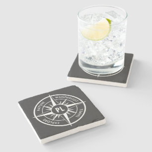 Compass star emblem monogram black and white stone coaster