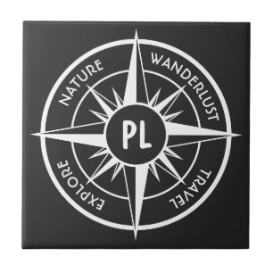 Compass star emblem monogram black and white tile