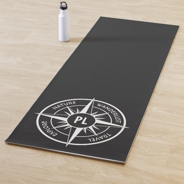 Compass star emblem monogram black and white yoga mat (In Situ)