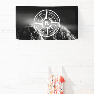 Compass star emblem monogram dramatic mountains banner