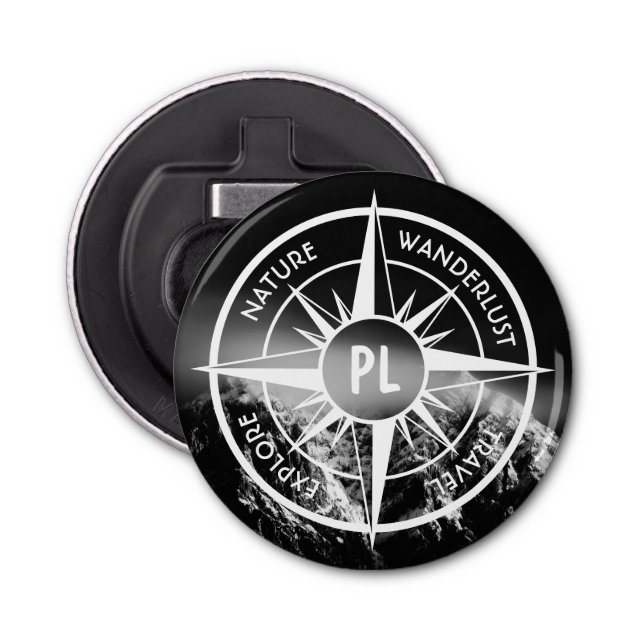 Compass star emblem monogram dramatic mountains bottle opener (Front)