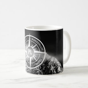 Compass star emblem monogram dramatic mountains coffee mug