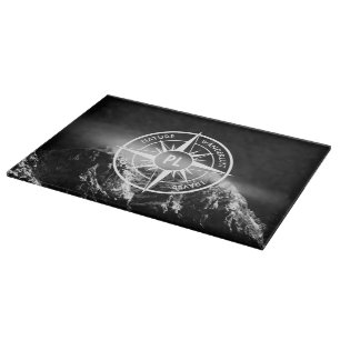 Compass star emblem monogram dramatic mountains cutting board