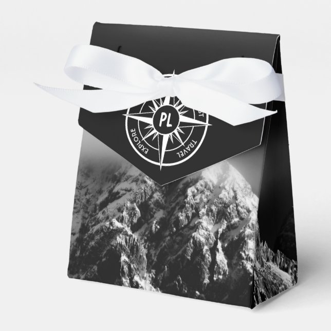 Compass star emblem monogram dramatic mountains favor box (Front Side)