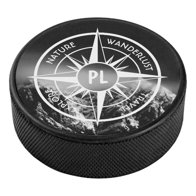 Compass star emblem monogram dramatic mountains hockey puck (3/4)