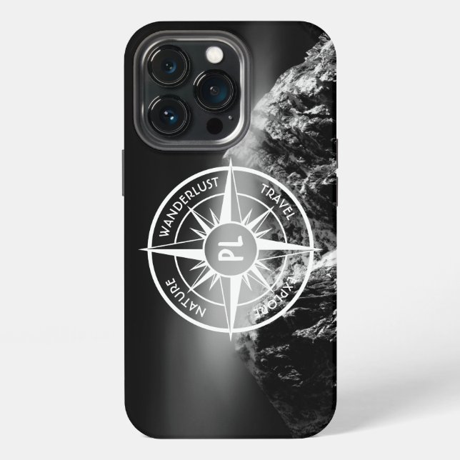 Compass star emblem monogram dramatic mountains iPhone case (Back)
