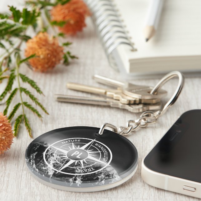 Compass star emblem monogram dramatic mountains keychain (Front Right)