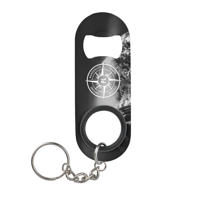 Compass star emblem monogram dramatic mountains keychain bottle opener (Front)