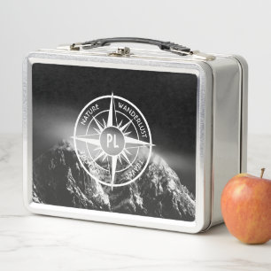 Compass star emblem monogram dramatic mountains metal lunch box