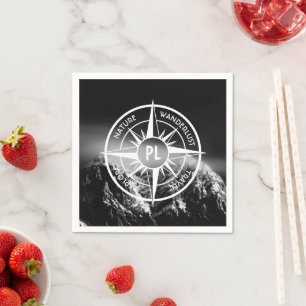 Compass star emblem monogram dramatic mountains napkin