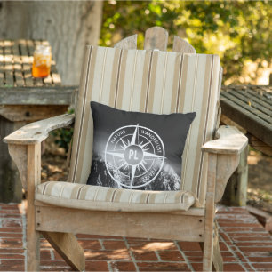 Compass star emblem monogram dramatic mountains outdoor pillow