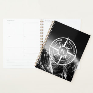 Compass star emblem monogram dramatic mountains planner