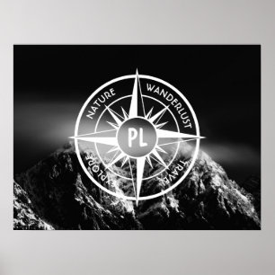 Compass star emblem monogram dramatic mountains poster
