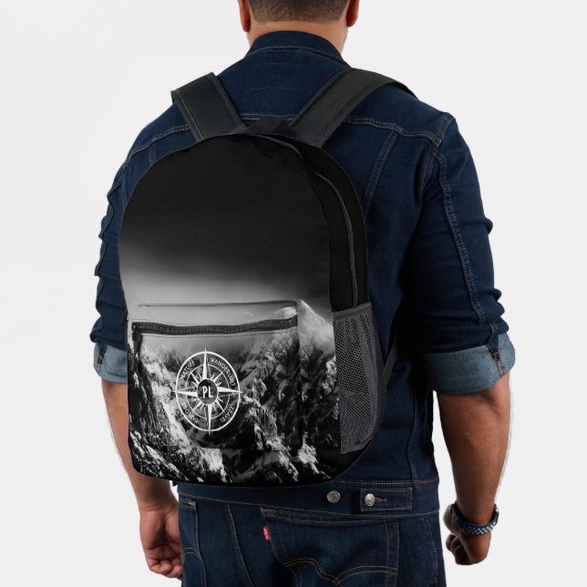 Compass star emblem monogram dramatic mountains printed backpack (Insitu (Model))