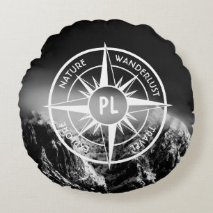 Compass star emblem monogram dramatic mountains round pillow