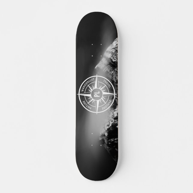 Compass star emblem monogram dramatic mountains skateboard (Front)