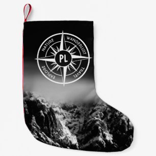 Compass star emblem monogram dramatic mountains small christmas stocking
