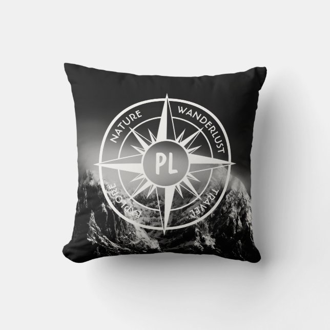 Compass star emblem monogram dramatic mountains throw pillow (Front)