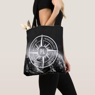 Compass star emblem monogram dramatic mountains tote bag